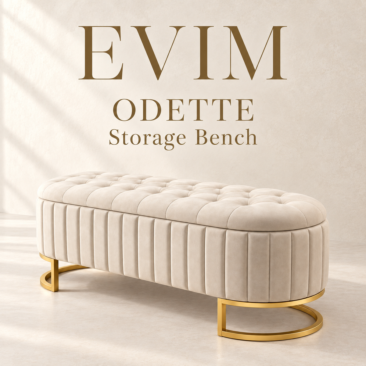 EVIM Odette velvet storage bench brand card