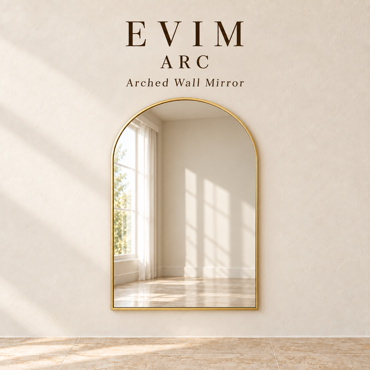 EVIM Arc gold-tone arched wall mirror brand card