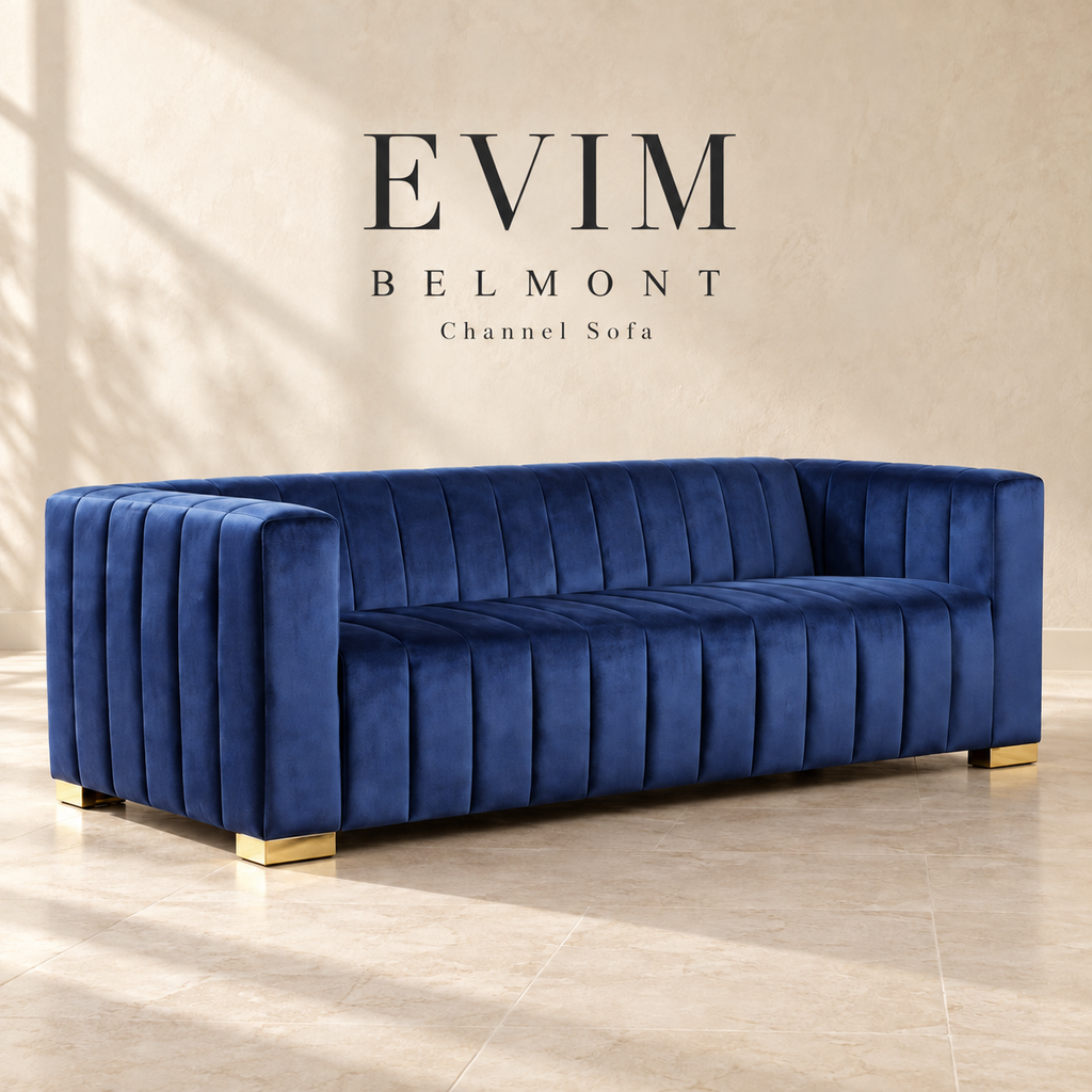 EVIM Belmont navy velvet sofa brand card