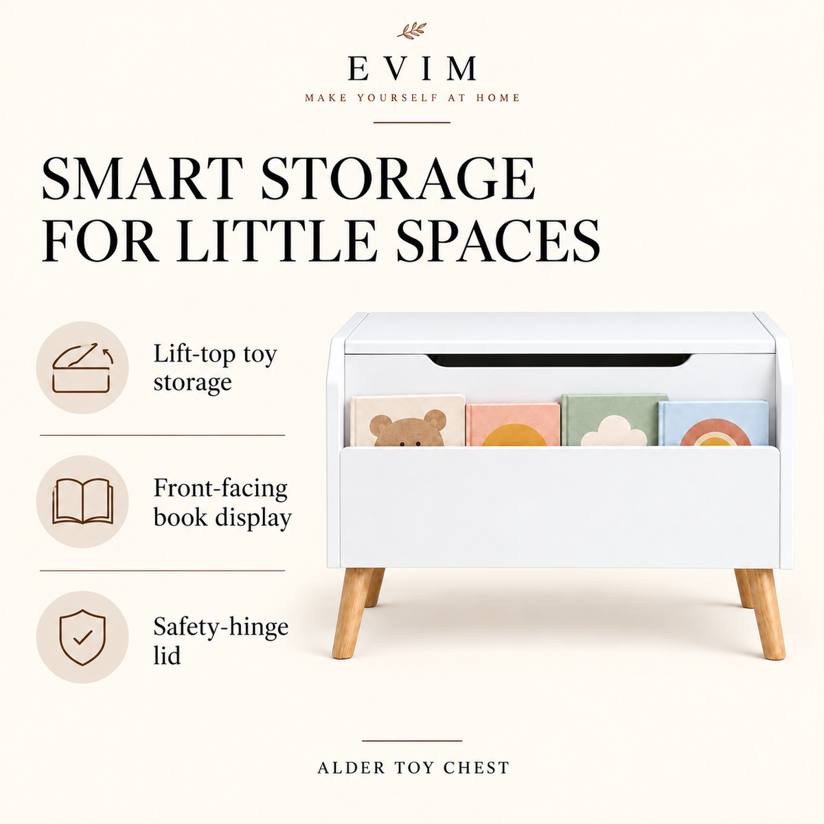 Alder toy chest storage features information card