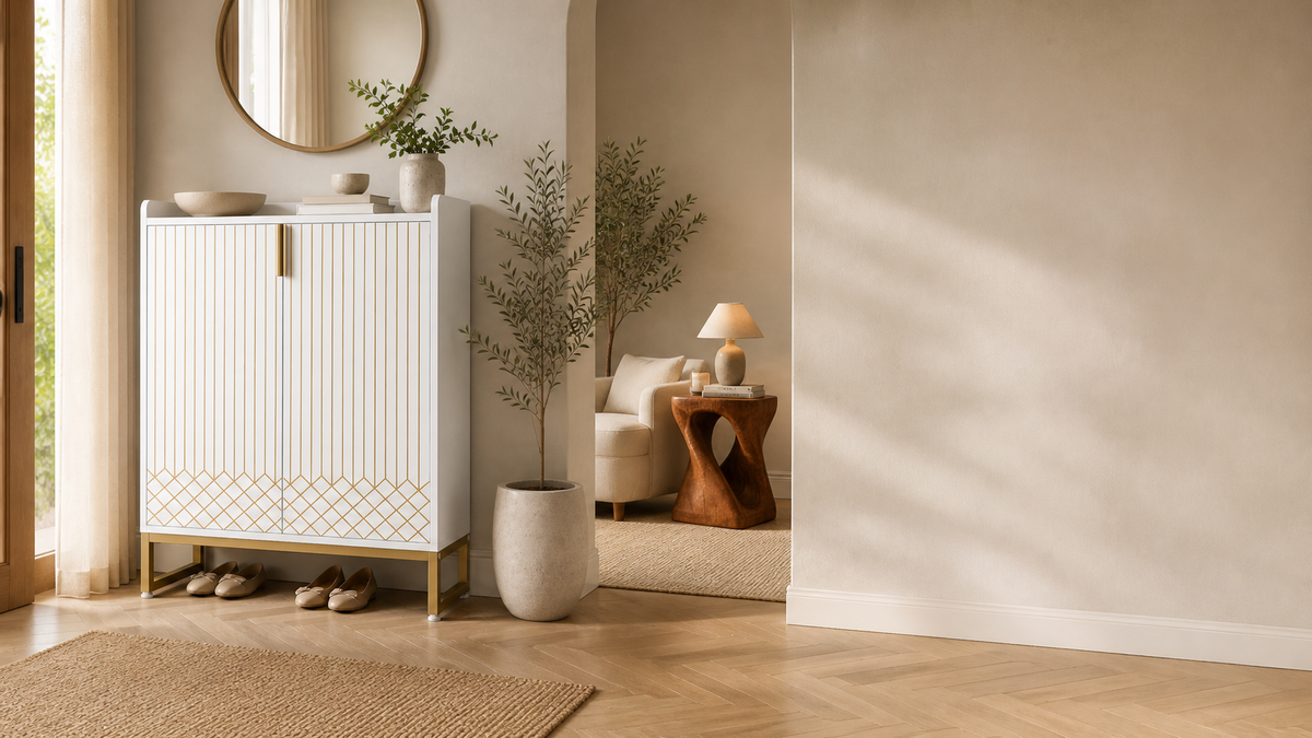 Aurelia white and gold shoe cabinet with The Sculpt Accent Table in a warm modern interior.