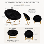 A dimension infographic for a black faux-fur peacock chair with a gold metal frame, showing measurements in both fully assembled and folded states on a light beige background.