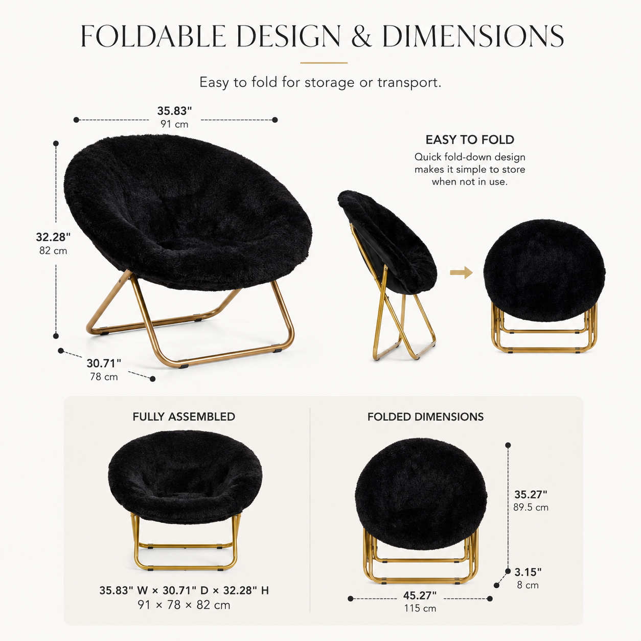 A dimension infographic for a black faux-fur peacock chair with a gold metal frame, showing measurements in both fully assembled and folded states on a light beige background.
