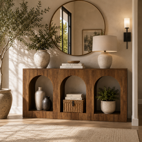 Arched wood console table styled beneath a round mirror with vases, books, a basket, greenery, and a lamp.