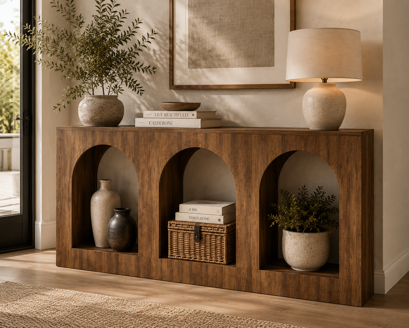 Warm wood arched console table styled with vases, books, a basket, greenery, and a ceramic lamp.