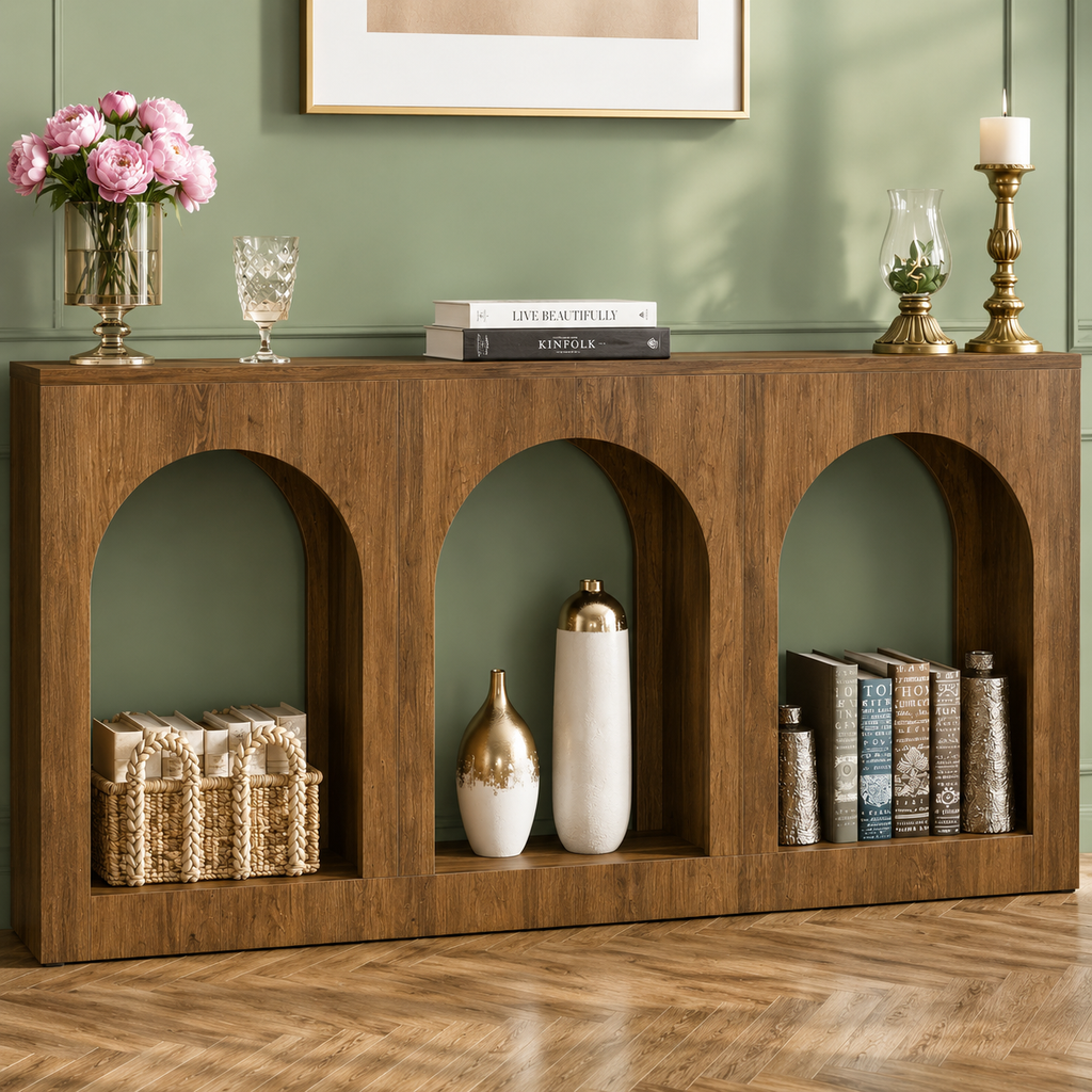 Warm wood arched console table styled with baskets, decorative vases, books, flowers, and brass candleholders against a green wall.