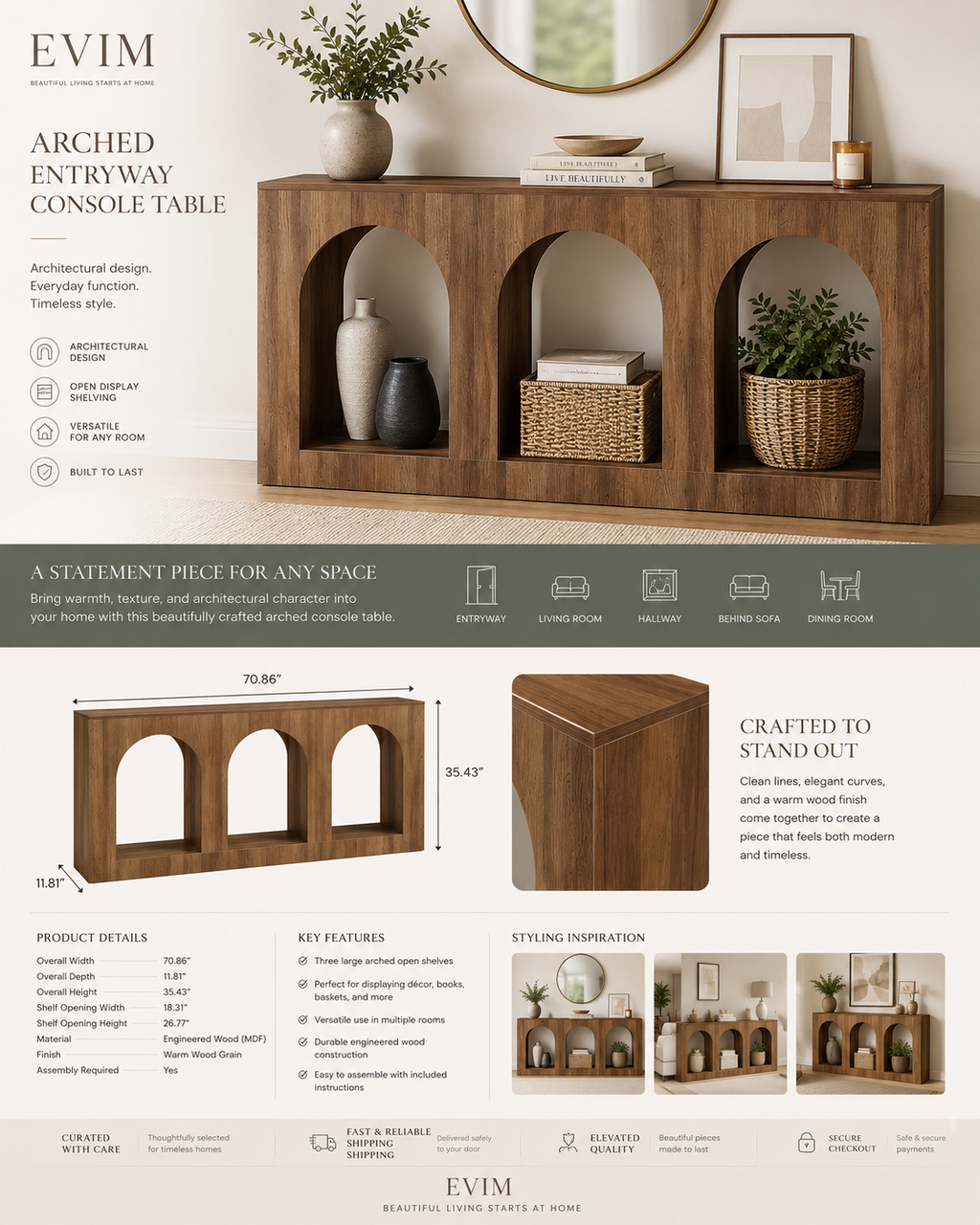 Arched Entryway Console Table product guide showing styling ideas, dimensions, materials, features, room uses, and assembly details.