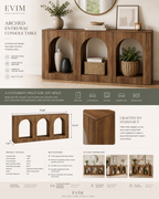 Arched Entryway Console Table product guide showing styling ideas, dimensions, materials, features, room uses, and assembly details.