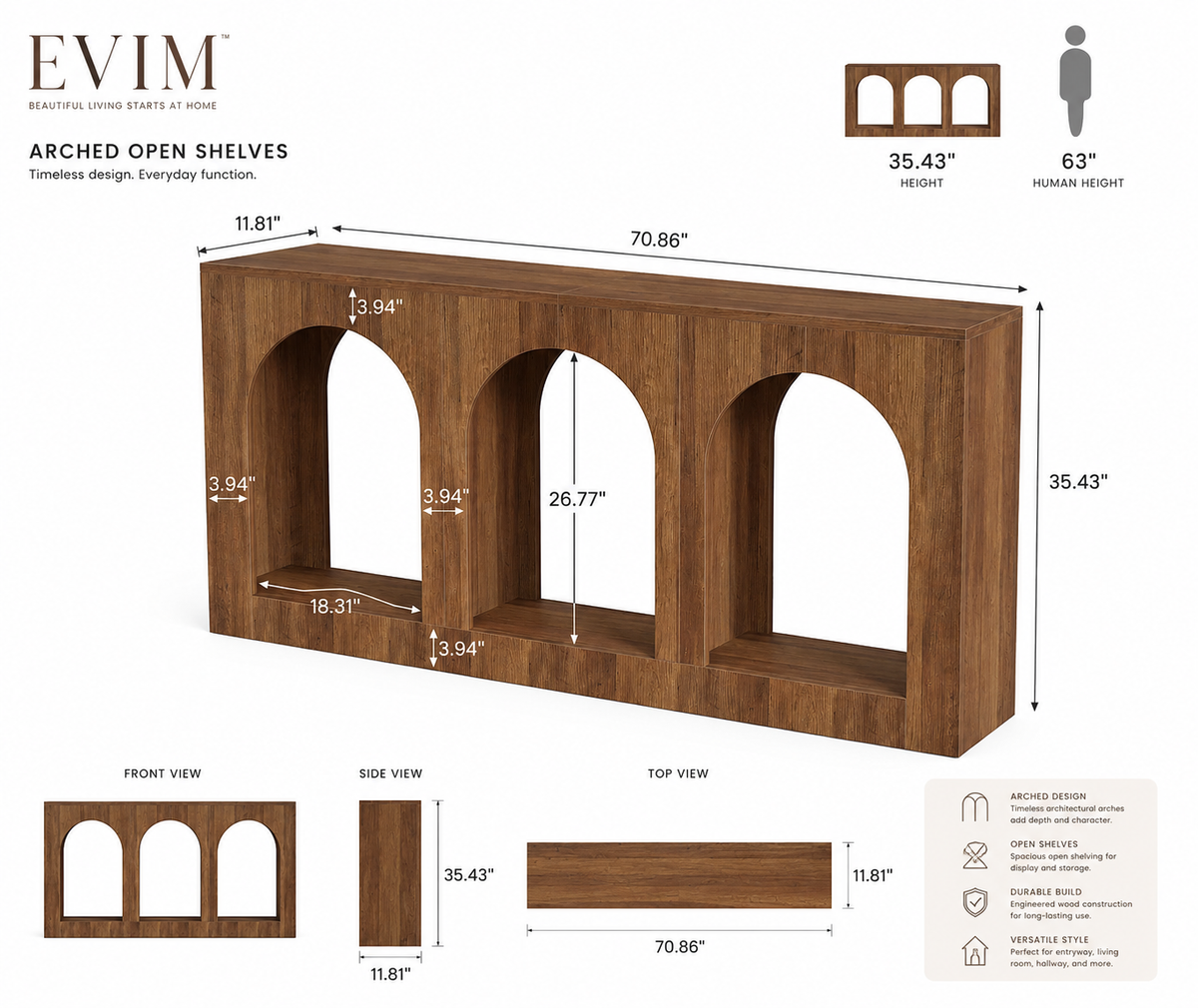 Arched Entryway Console Table with labeled dimensions, three open shelves, front, side, and top views, plus key product features.