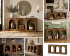 Six-view collage of the arched wood console table styled in entryways, living rooms, and behind a sofa.