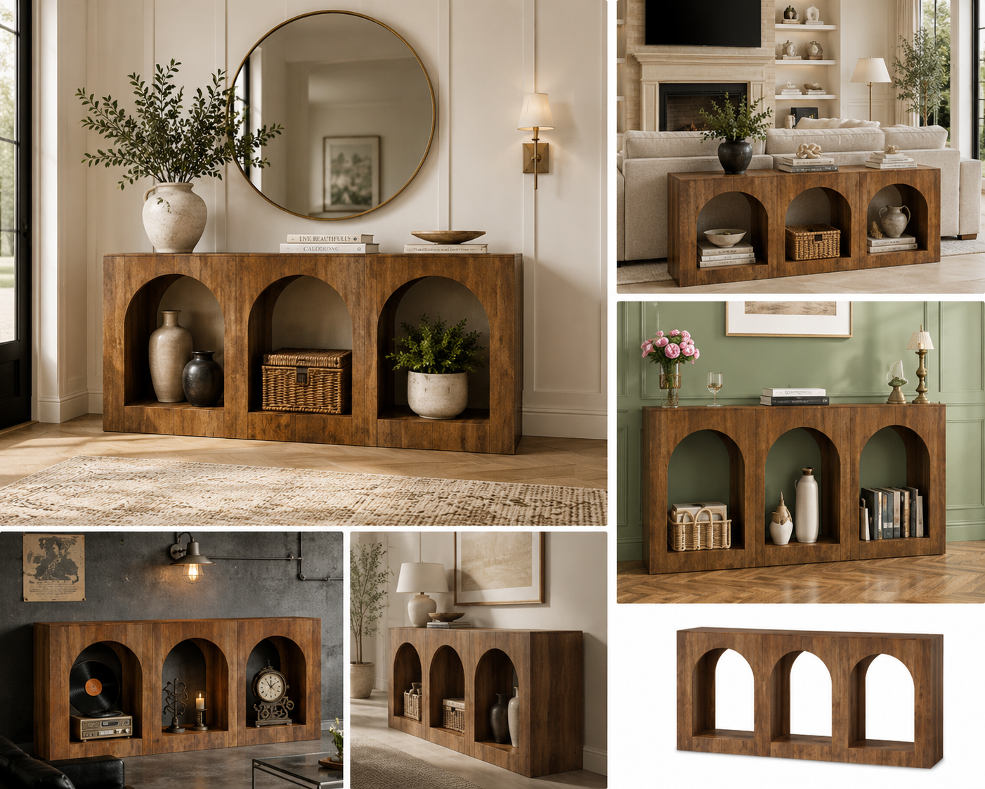 Six-view collage of the arched wood console table styled in entryways, living rooms, and behind a sofa.