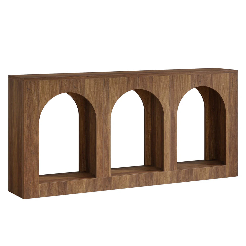 Warm wood entryway console table with three large arched open shelves.