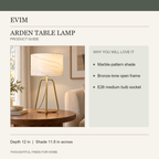 Arden lamp features and specifications information card