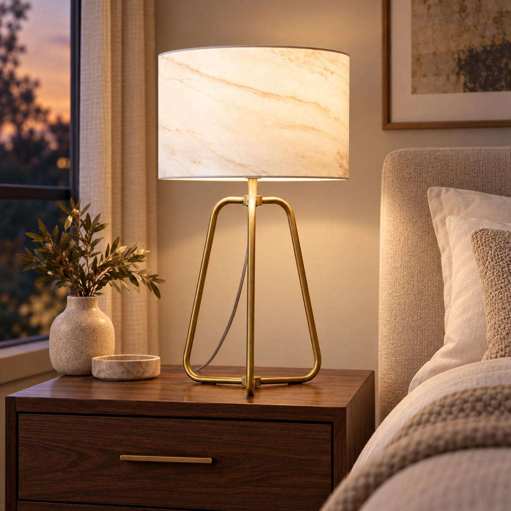 Arden lamp illuminated in a warm evening room setting