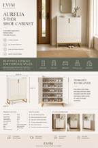 Aurelia 5-Tier Shoe Cabinet product guide showing storage capacity, features, dimensions, materials, room uses, and styling inspiration.