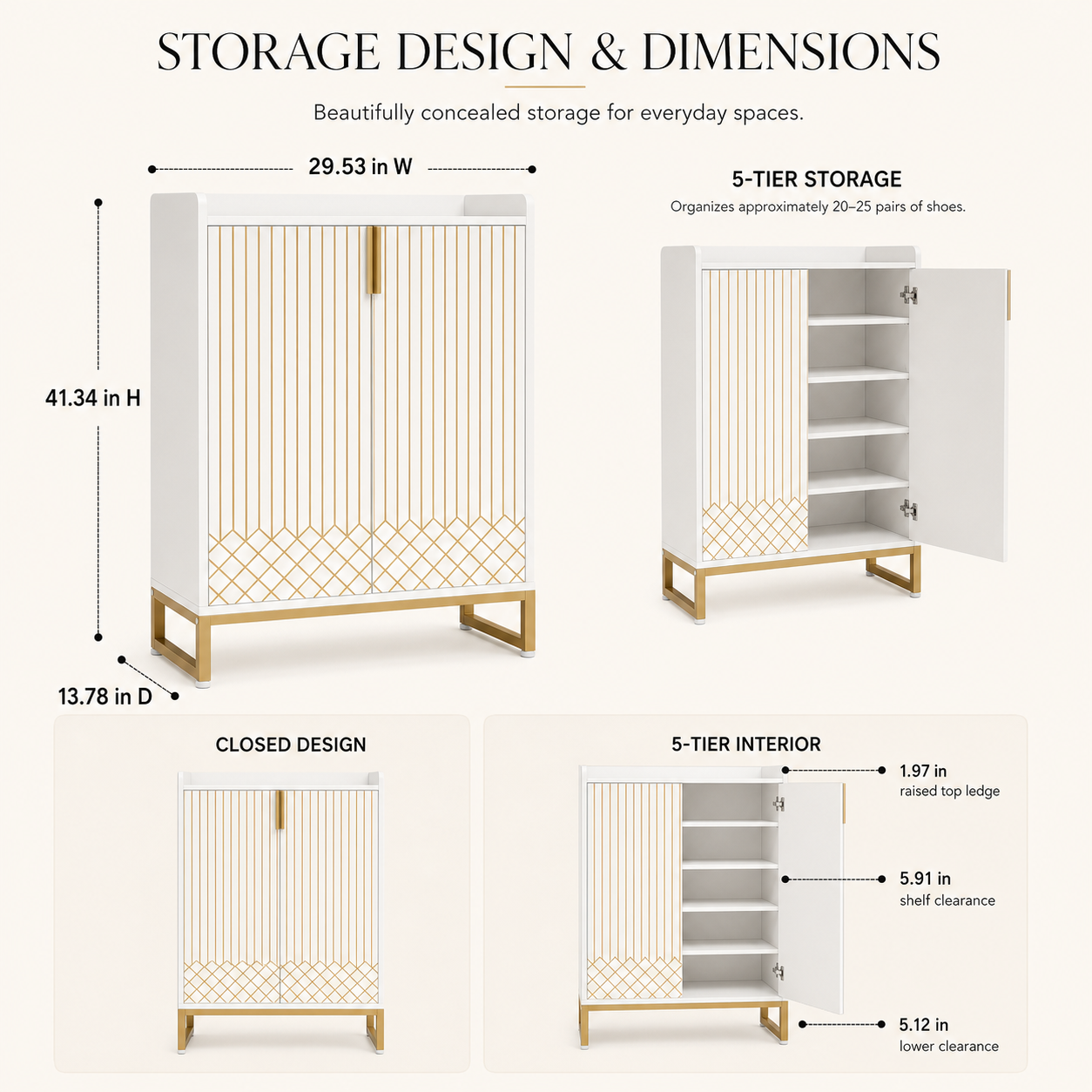 Aurelia 5-Tier Shoe Cabinet dimensions and interior storage layout, showing five shelves for approximately 20–25 pairs of shoes.