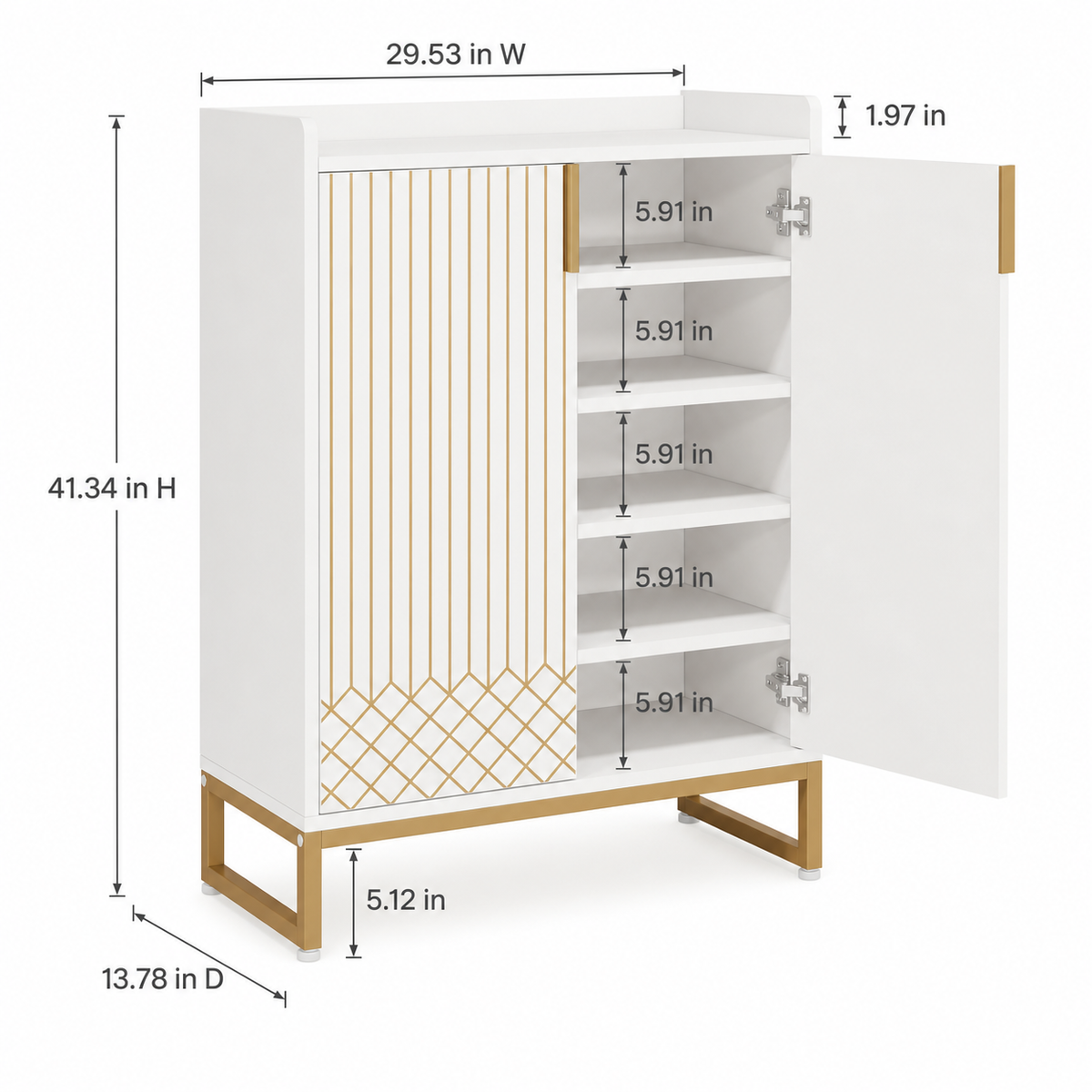 Aurelia 5-Tier Shoe Cabinet shown open with labeled exterior dimensions, shelf spacing, top ledge, and floor clearance.