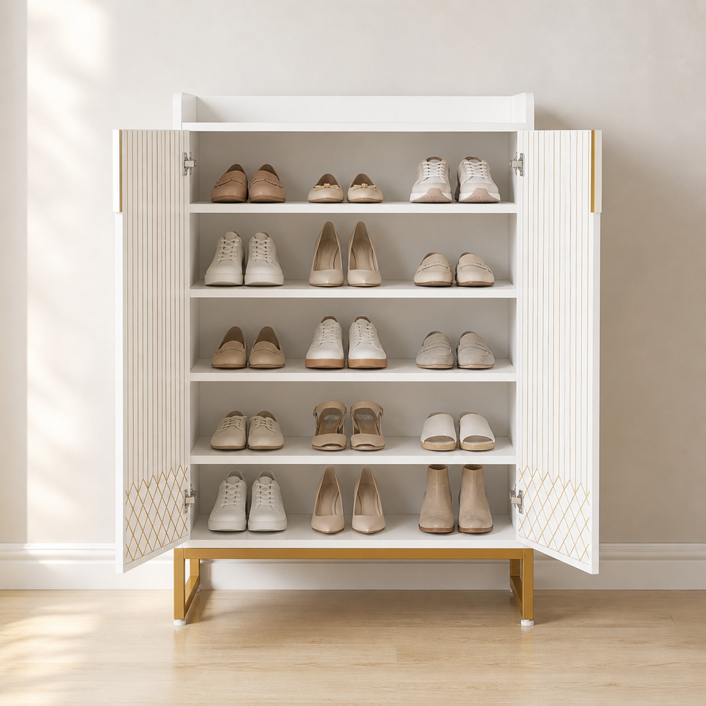Open Aurelia white and gold shoe cabinet displaying five tiers filled with assorted shoes.