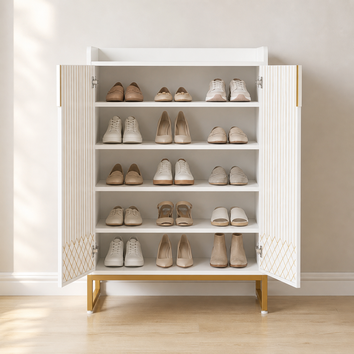Open Aurelia white and gold shoe cabinet displaying five tiers filled with assorted shoes.