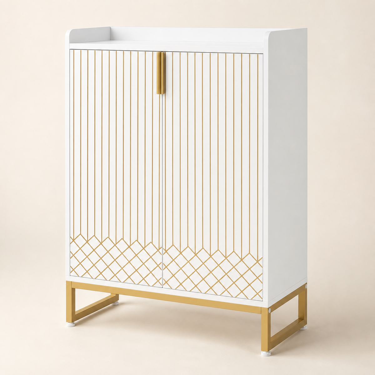 Aurelia 5-Tier Shoe Cabinet in white with gold geometric doors, handles, and raised metal base.
