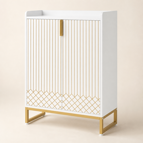 Aurelia 5-Tier Shoe Cabinet in white with gold geometric doors, handles, and raised metal base.