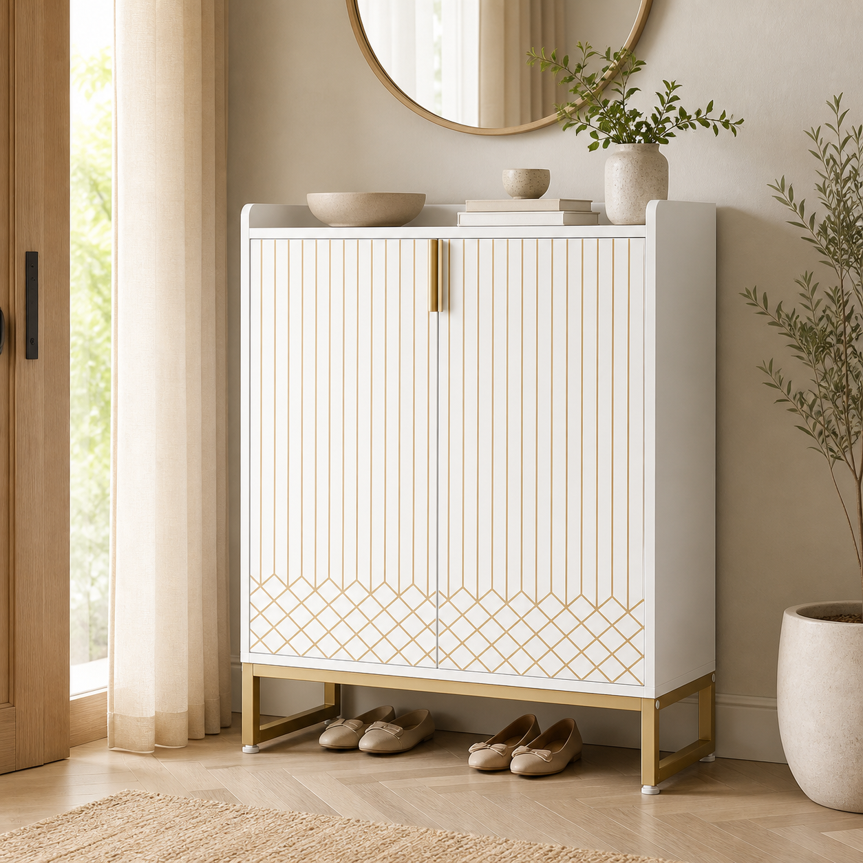 Aurelia white and gold shoe cabinet styled beneath a round mirror in a warm, neutral entryway.
