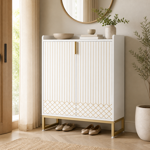 Aurelia white and gold shoe cabinet styled beneath a round mirror in a warm, neutral entryway.