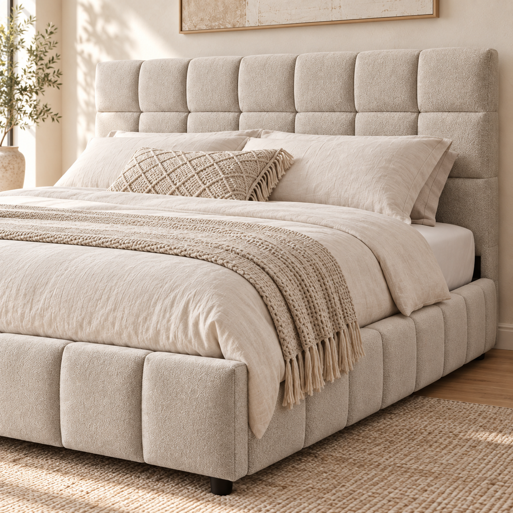 Close view of the beige chenille queen bed showing its padded grid-tufted headboard and upholstered frame texture.