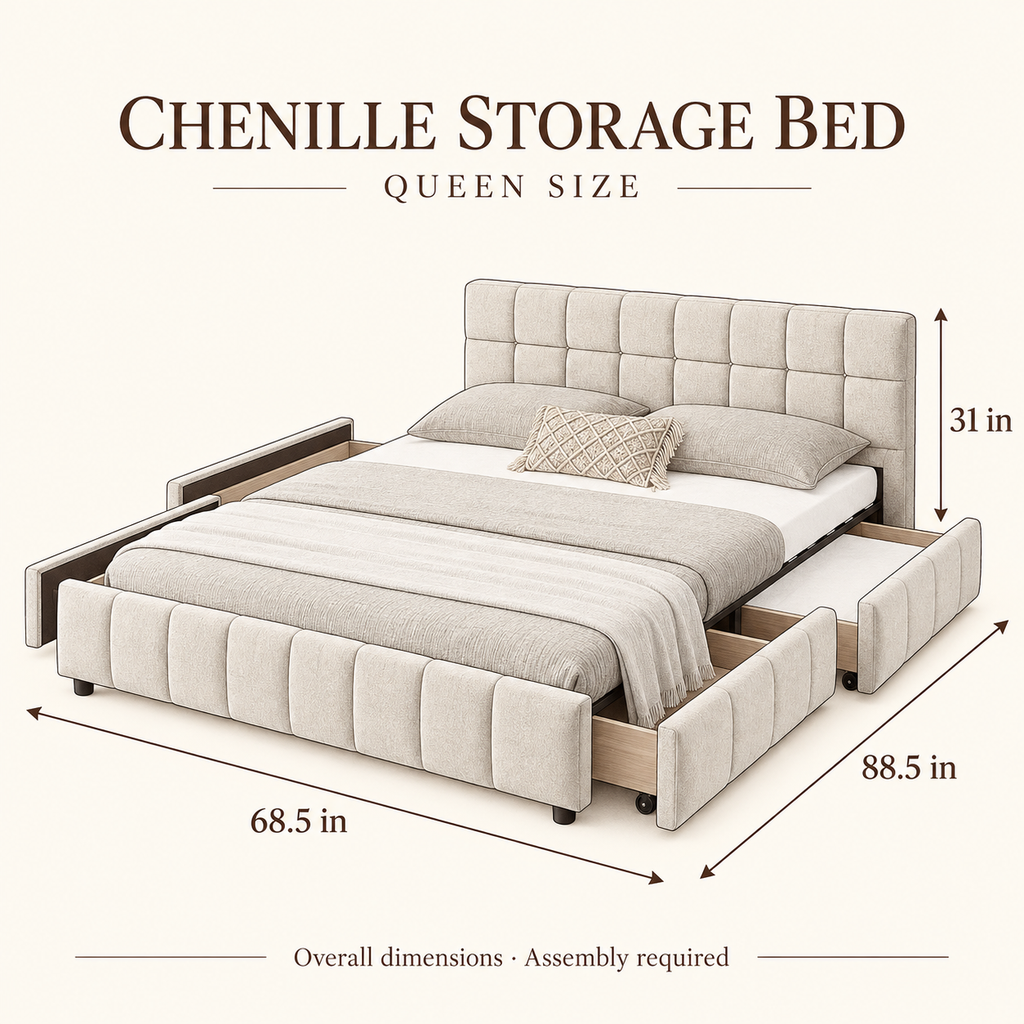 Dimension guide for beige chenille queen storage bed: 88.5 inches long, 68.5 inches wide, and 31 inches high.