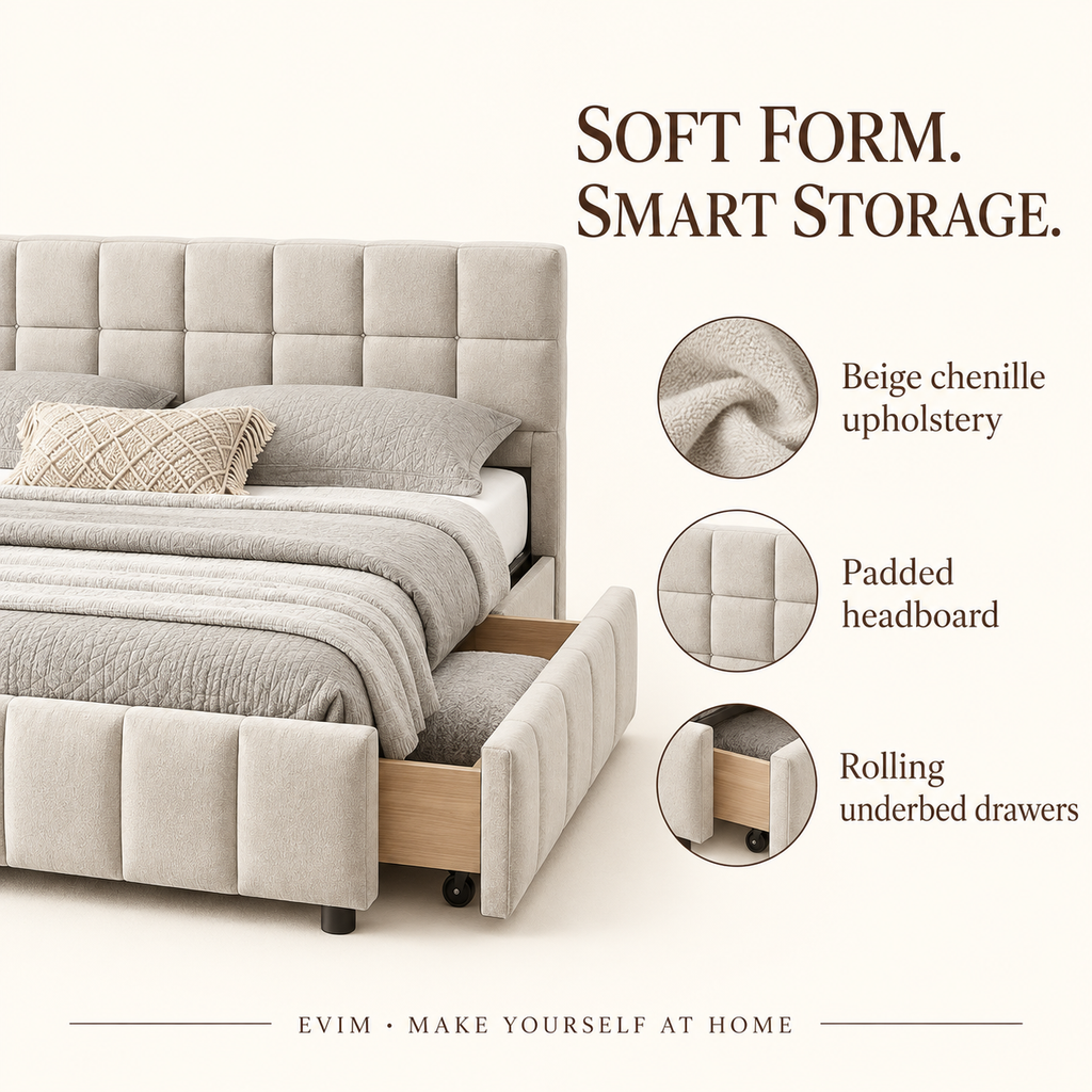 Feature guide for the beige chenille queen storage bed showing soft upholstery, padded headboard, and rolling underbed drawers.