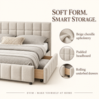 Feature guide for the beige chenille queen storage bed showing soft upholstery, padded headboard, and rolling underbed drawers.
