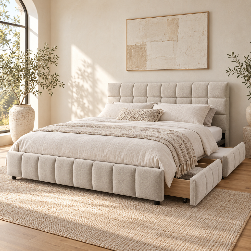 Beige chenille queen storage bed in a warm bedroom with a rolling underbed drawer open.