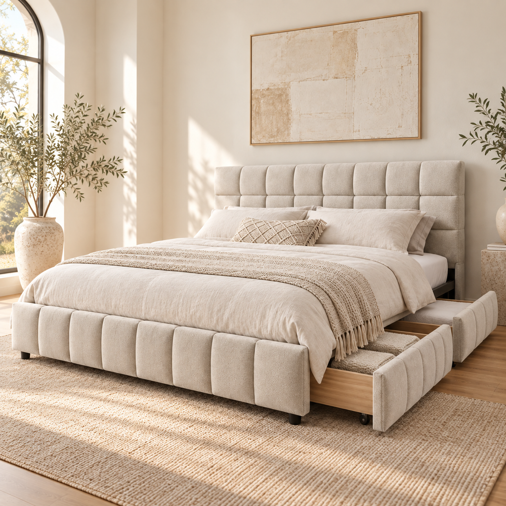 Beige chenille queen storage bed with a rolling drawer open to reveal linen storage.