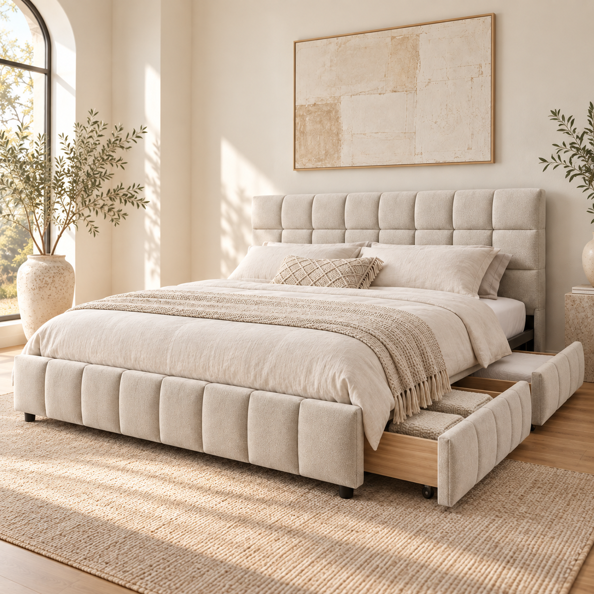 Beige chenille queen storage bed with a rolling drawer open to reveal linen storage.