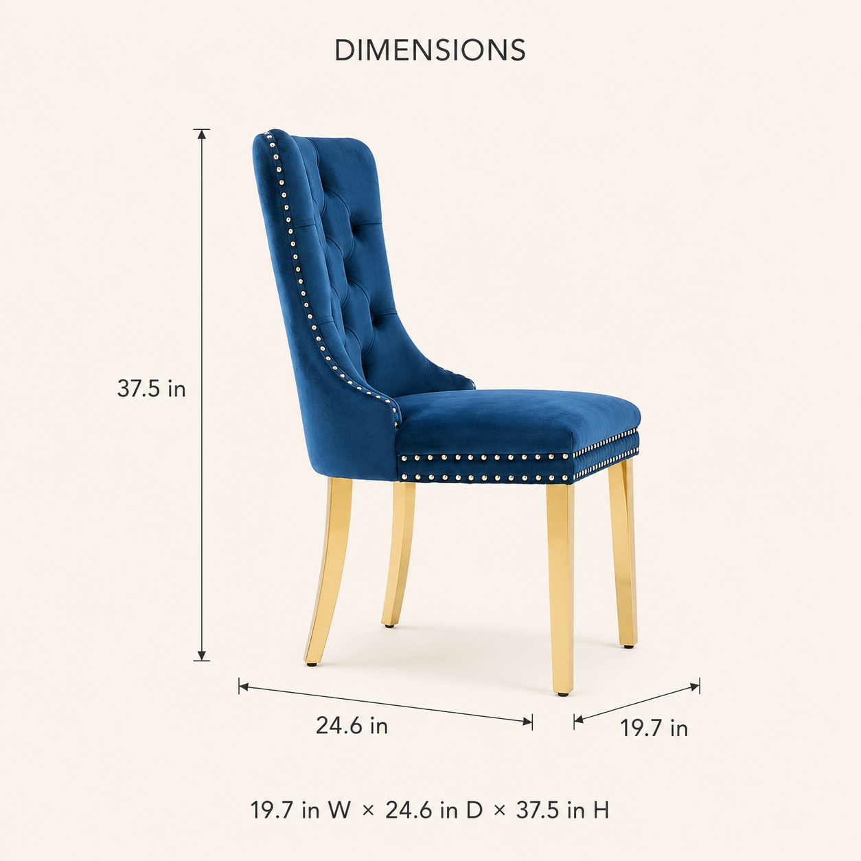 Elara dining chair dimensions: 19.7 inches wide, 24.6 inches deep and 37.5 inches high
