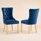 Elara tufted blue velvet dining chairs, front and rear views, set of two