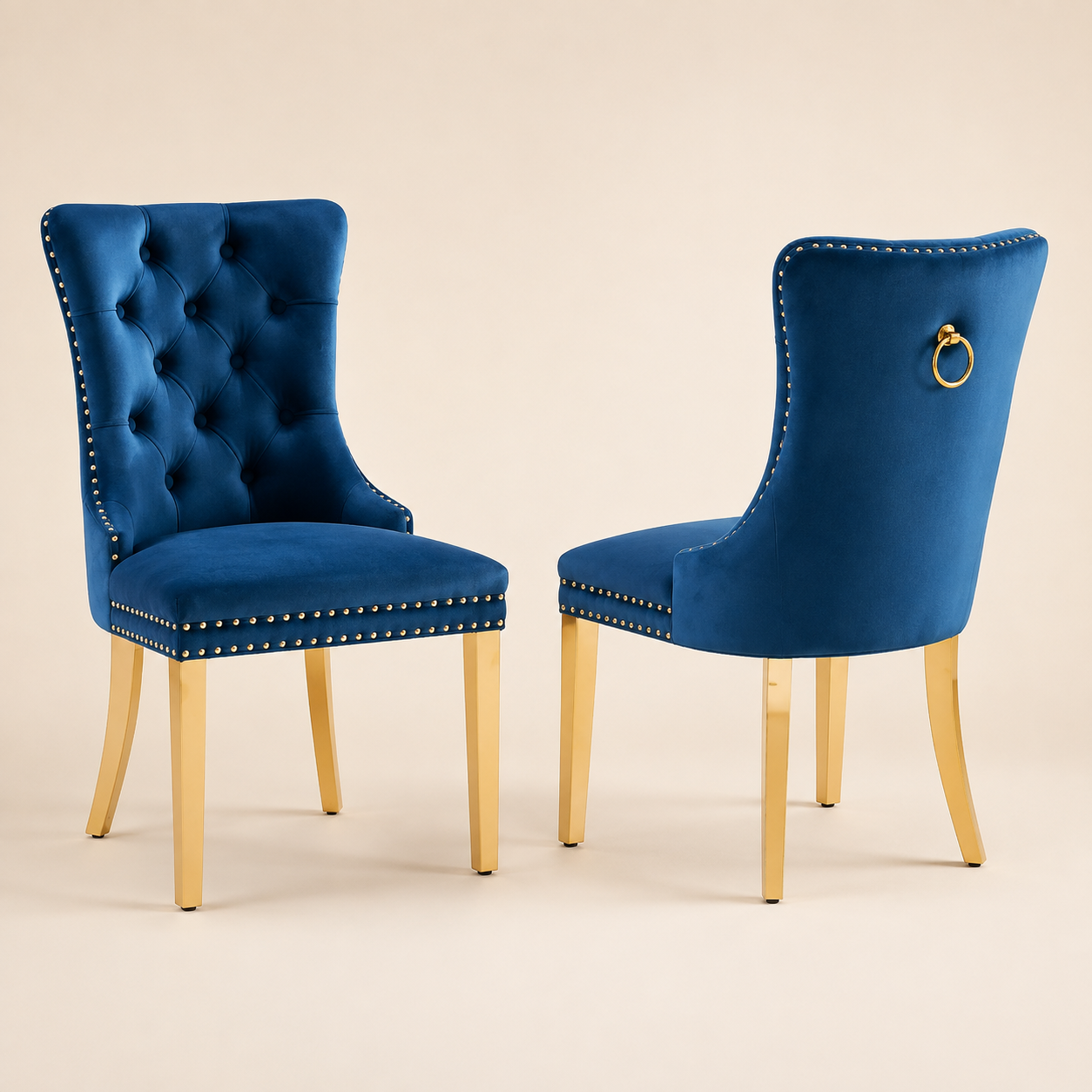Elara tufted blue velvet dining chairs, front and rear views, set of two