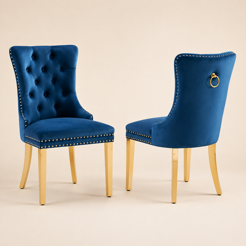 Elara tufted blue velvet dining chairs, front and rear views, set of two