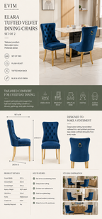 Elara tufted blue velvet dining chairs product details, dimensions and styling guide