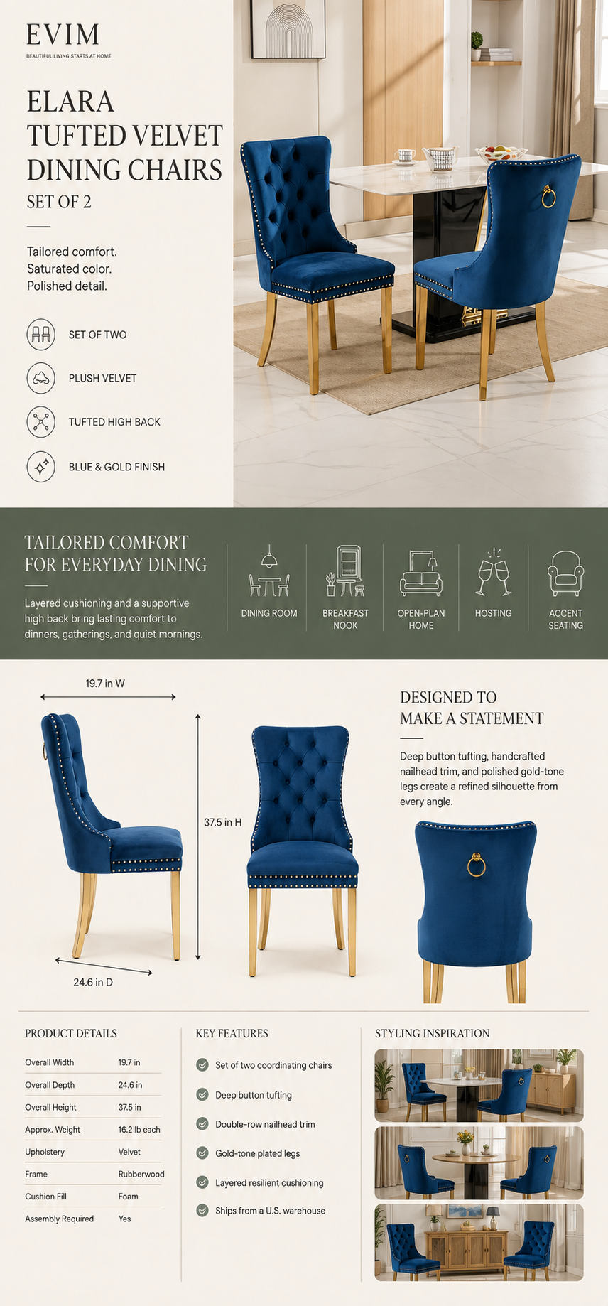 Elara tufted blue velvet dining chairs product details, dimensions and styling guide