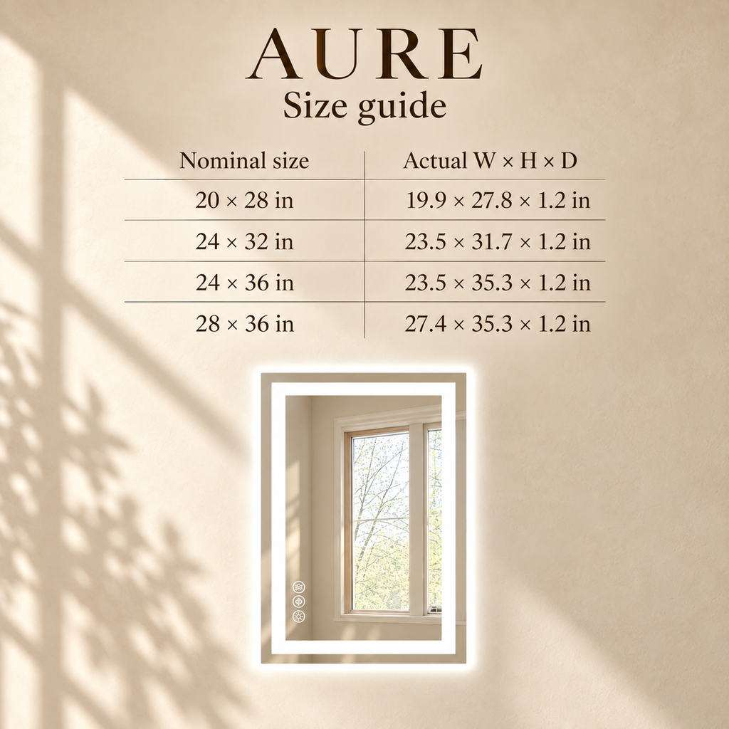 Aure mirror size guide with nominal sizes and actual width, height and depth