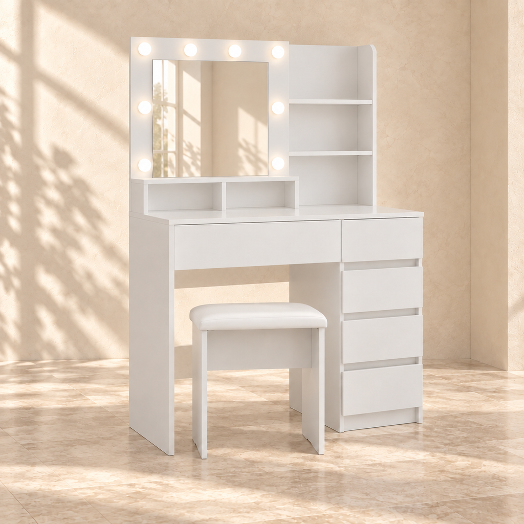 Clara white lighted vanity with five drawers, mirror shelves and matching cushioned stool