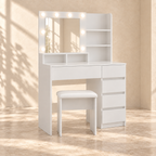 Clara white lighted vanity with five drawers, mirror shelves and matching cushioned stool