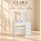 Clara vanity dimensions: 35.43 inches wide, 15.75 inches deep and 53.54 inches high