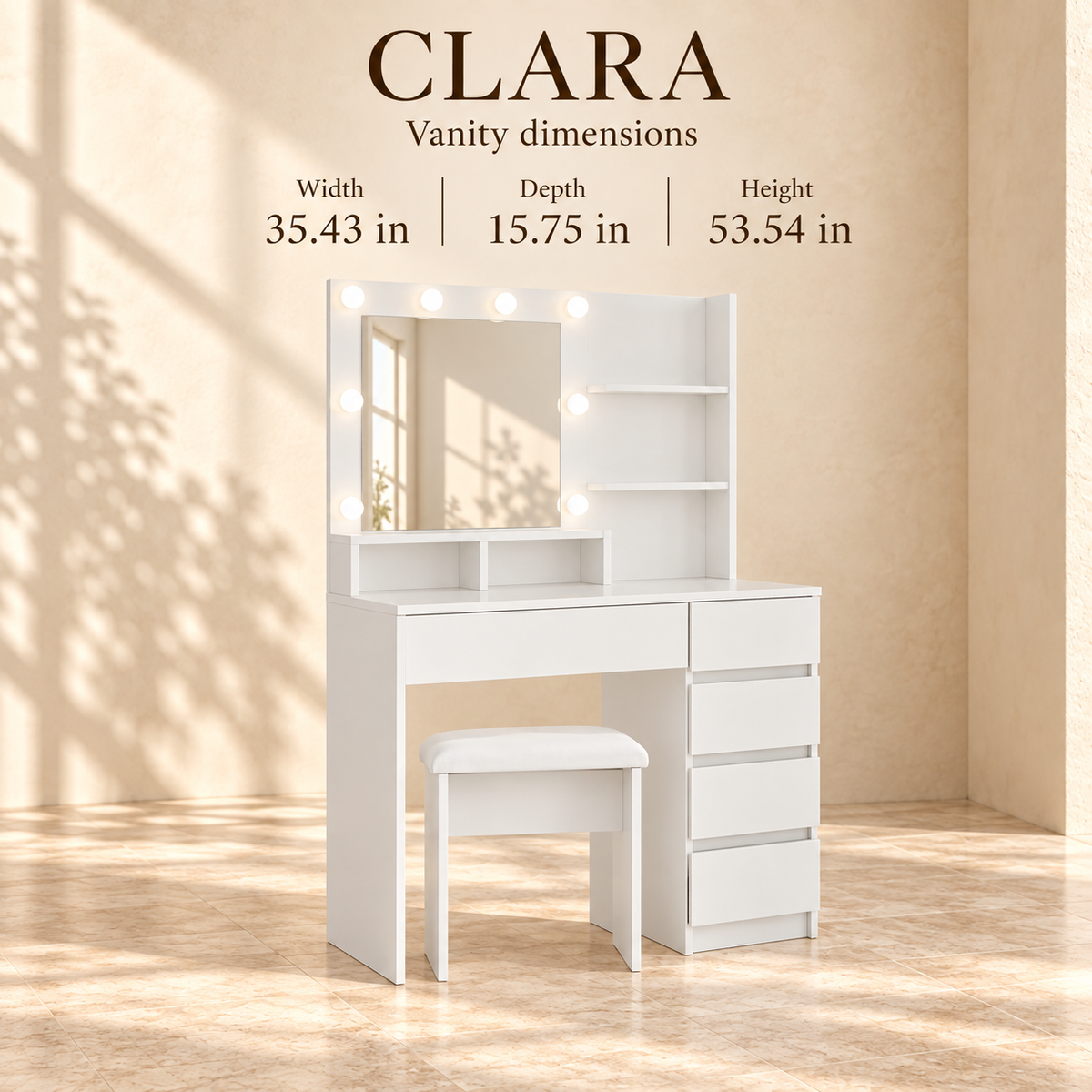 Clara vanity dimensions: 35.43 inches wide, 15.75 inches deep and 53.54 inches high