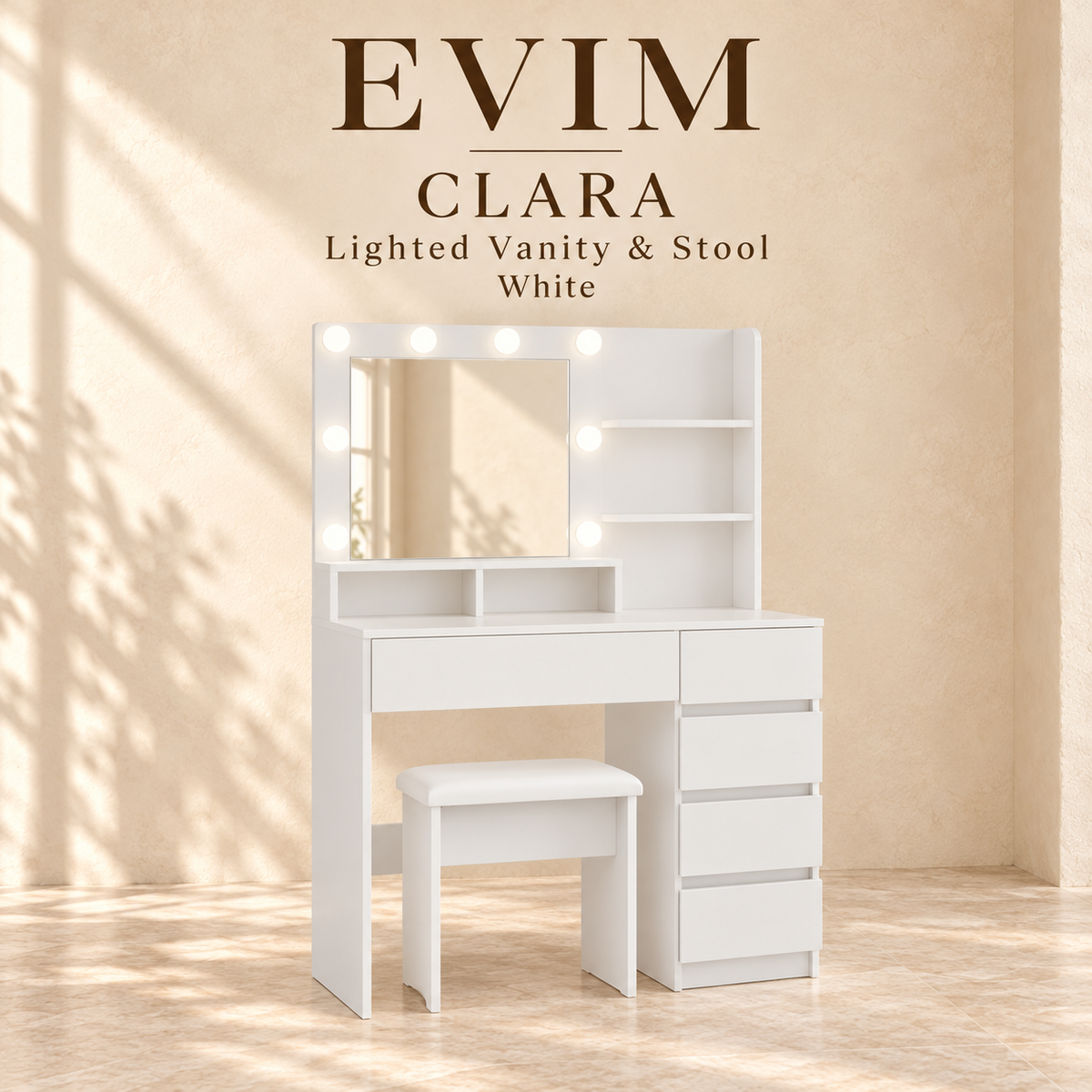 EVIM Clara lighted vanity and stool in white