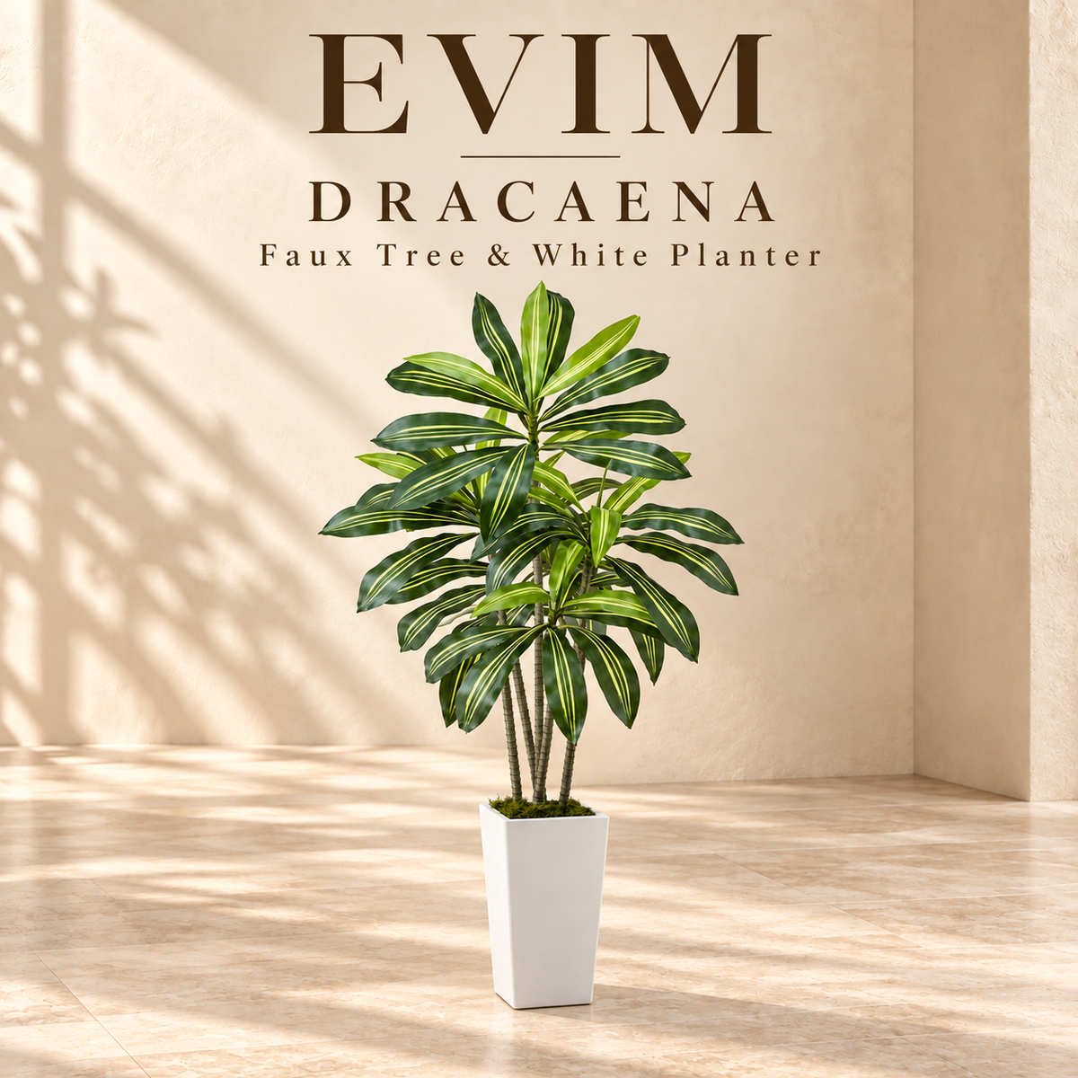 EVIM Dracaena faux tree and white planter brand card