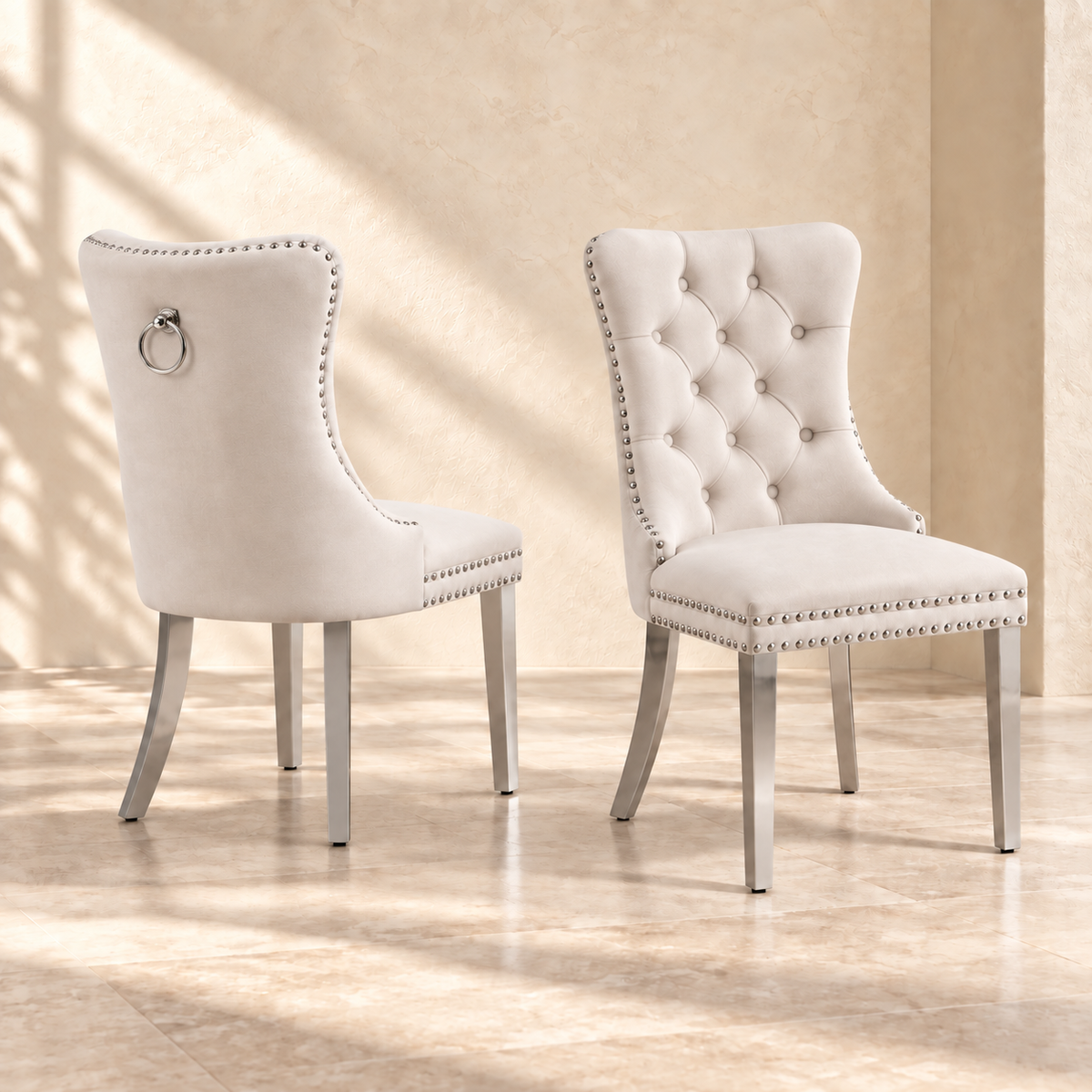 Front and rear views of Elara beige and chrome dining chairs with silver ring pulls