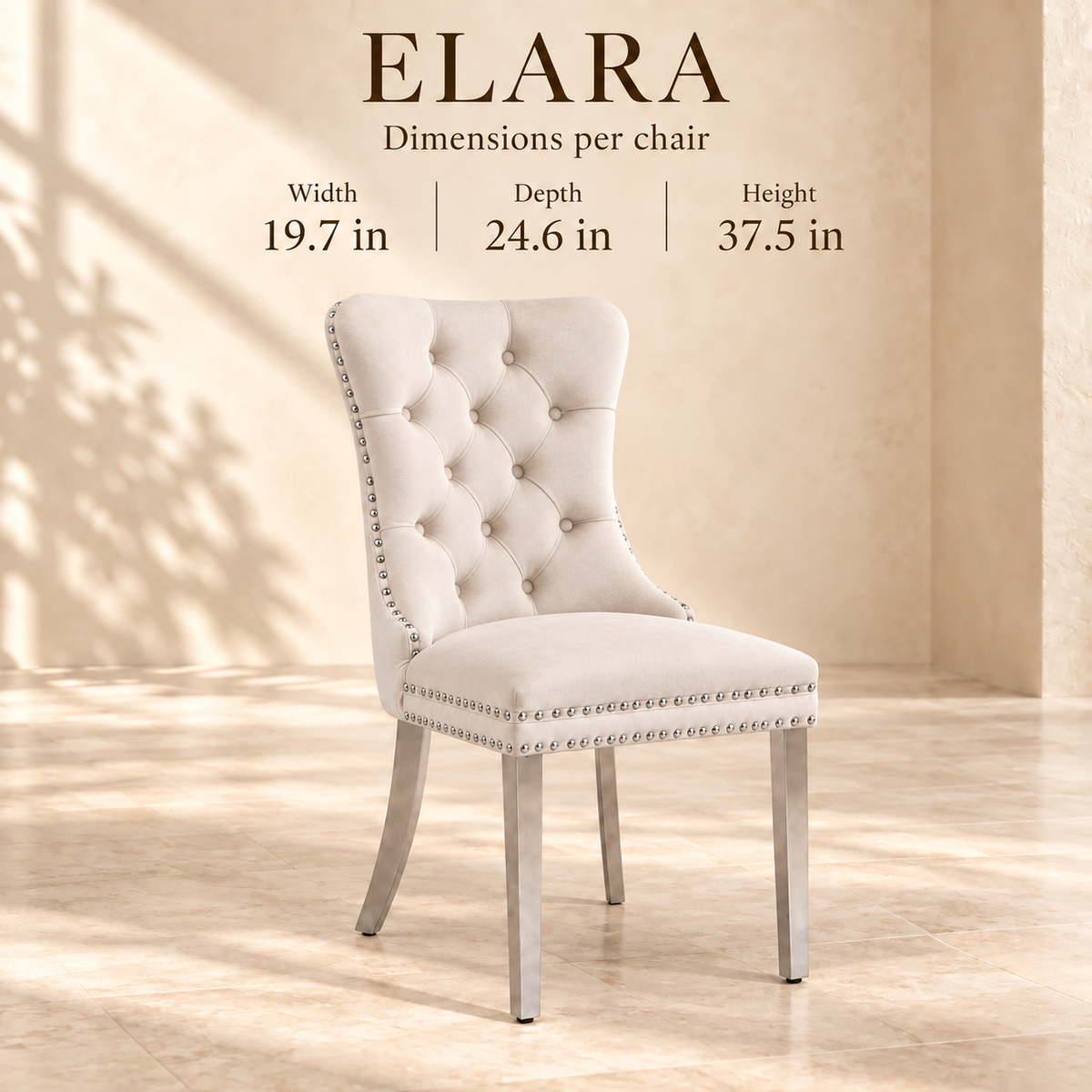 Elara chair dimensions: 19.7 inches wide, 24.6 inches deep and 37.5 inches high