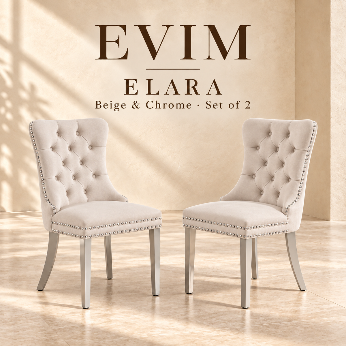 EVIM Elara beige and chrome velvet dining chairs, set of two